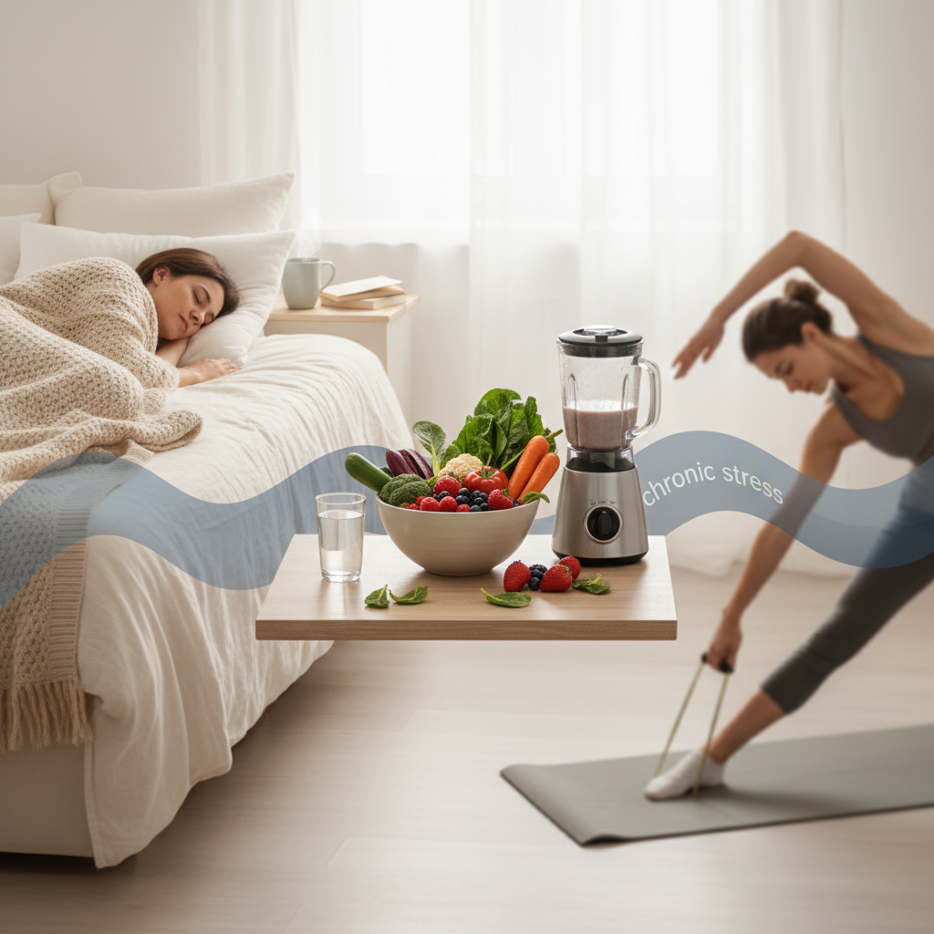 Sono, alimentação e exercício ajudam a amortecer os efeitos do estresse crônico — mas a evidência fornecida não mostra que um deles vença os outros